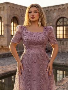 Glamrae Plus Size Dusty Pink Summer Elegant Formal Bridesmaid Prom Wedding Dress, Square Neck Short Sleeve Rhinestone & Pearl Decor A-Line Gala Dress - Dusty Pink - View 1