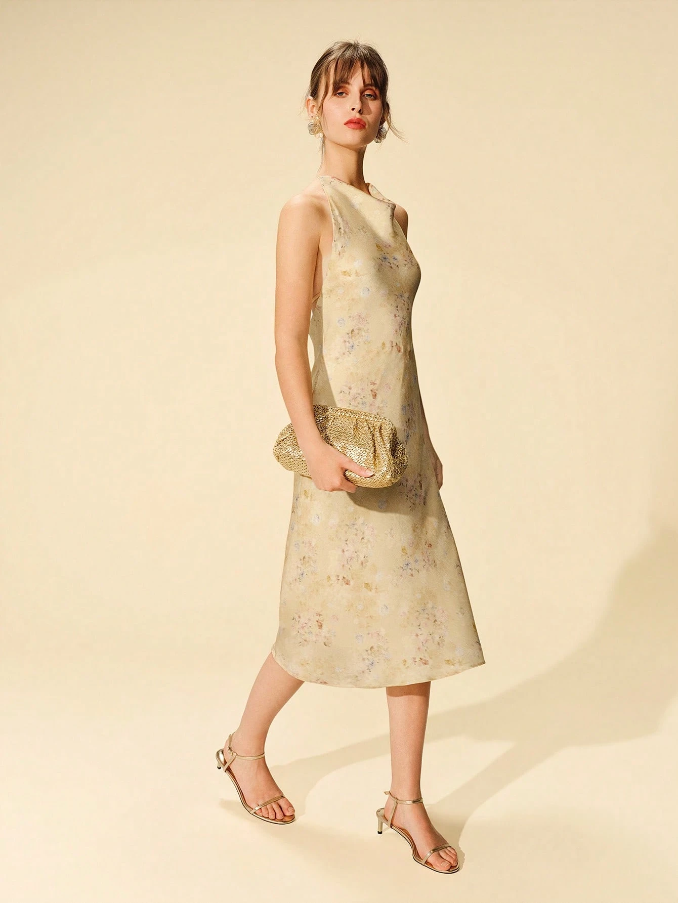 Butter Yellow Floral Halter Neck Midi Satin Dress Occasion Premium Wedding Guest Bridesmaid Dress