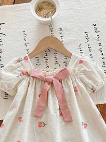 SHEIN LMoss Kids 女嬰編織花卉休閒方領泡泡袖洋裝，時尚款 - 彩色 - 查看 3