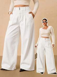 SHEIN Tall CURVE 大尺碼休閒百搭素色寬腿牛仔褲 - 白色 - 查看 4