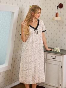 CottageSlumber Camisón de mujer con estampado floral de gasa con cuello en V de encaje y bloque de color, vestido de pijama de mujer, vestido de estar por casa - Beis - Ver 6