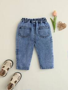 SHEIN Baby Girl Bow Frayed Hem Pocket Casual Denim Jeans Autumn Fall - Medium Wash - View 3