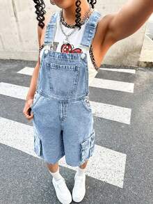 SHEIN 青少年女孩 Y2K 休閒純色水洗翻蓋口袋吊帶背帶牛仔褲工裝連身褲（不含背心），青少年女孩返校穿搭服裝 - 淺色水洗藍 - 查看 6