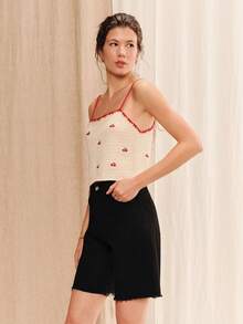 lacRébo 櫻桃紅格紋方領刺繡鉤針編織細肩帶上衣 夏季度假休閒波西米亞風可愛度假風復古棉質野餐上衣 - 杏色 - 查看 3