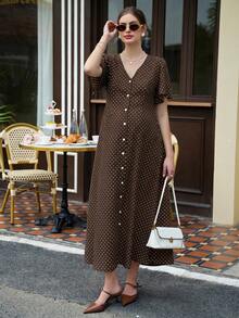 Momance Printed Polka Dot Split Long Ruffle Sleeve Casual Split Maternity Dress - Brown - View 5