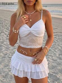 INAWLY Women's Summer Vacation Casual Lace Patchwork Pleated Camisole Top - White - View 2