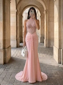 Firerie Elegant, Glamorous, And A Mermaid Skirt With Flowing Ribbons.. Party. Pink Dress For Wedding Season And Back-To-School Season - Pink - View 5
