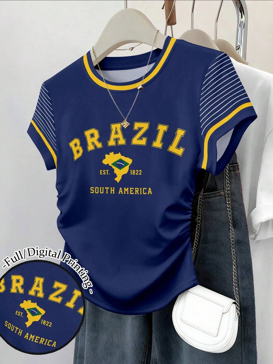 Resyla 女款收腰短袖修身抓皺腰部上衣 Brazil 字母印花圖案短袖條紋 T-shirt 巴西風格足球球迷上衣 - 彩色 - 查看 1
