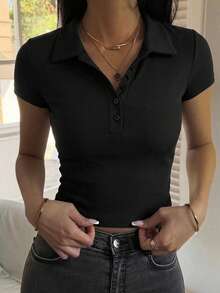 DAZY 女款領口短袖修身休閒套頭T恤，性感街頭風Y2K夏季款 - 黑色 - 查看 2