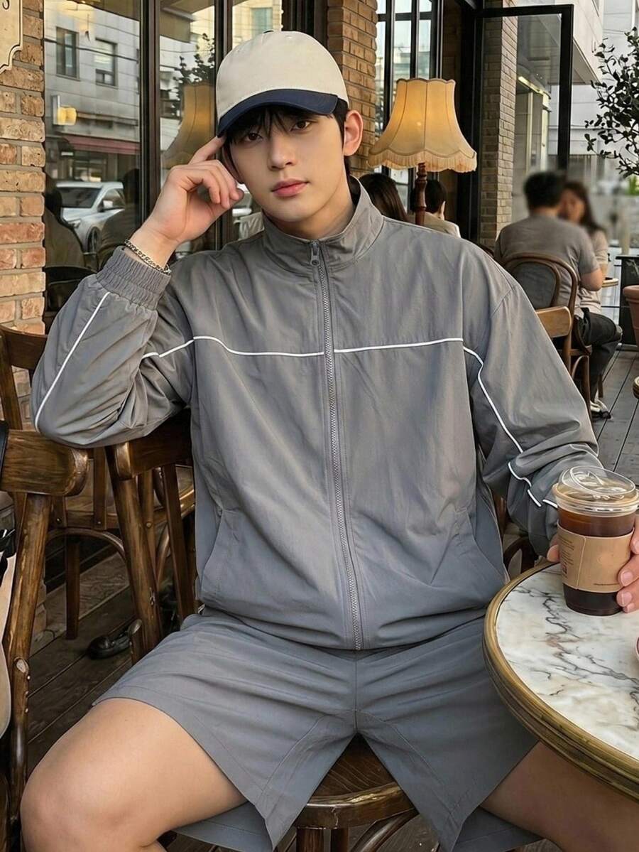 DAZY Grey Long Sleeve Jacket Paired With Shorts, Men's Outfit Set - Grey - View 1