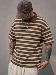 DAZY Men's Polo Collar Striped Short Sleeve T-Shirt, Multi-Color, Summer Graphic Tee - Brown - View 3