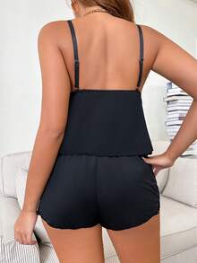Napfluff Bộ đồ ngủ nữ camisole & quần short ren phối patchwork, dệt kim co giãn cao, cổ V gợi cảm, hở lưng - màu đen - Xem 2