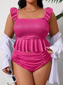 SHEIN Swim Curve 大尺碼女款素色坦基尼上衣與三角坦基尼泳褲兩件式泳衣套裝，適合夏季度假與海灘 - 粉色 - 查看 4