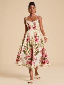Travachic Women's Floral Print Contrast Lace Elegant Midi Strap Dress - Multicolor - View 7
