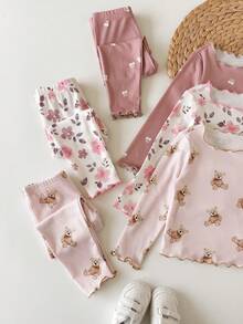 SHEIN 6-Piece Set Baby Girls Bear Flower Cherry Print Top And Pants - Pink - View 6