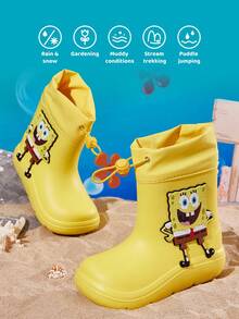 SpongeBob SquarePants | SHEIN 時尚可愛兒童嬰兒雨靴，黃色橡膠雨鞋，附拉繩，男女通用，適合雨天、戶外、海灘及其他場合 - 黃色 - 查看 2