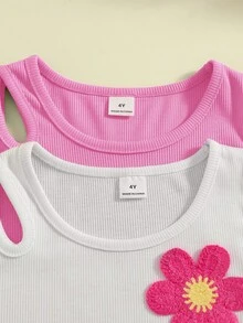 SHEIN 2件/組 女童優雅度假風 鮮豔3D毛巾刺繡鏤空修身短版背心上衣 - 珊瑚粉 - 查看 7