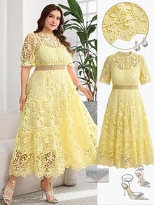 tido blanco de talla grande, vestido elegante para té, vestidos de verano de talla grande, vestidos curvy de talla grande, vestidos para bodas y eventos, vestido de malla, vestido para salir - Amarillo - Ver 4