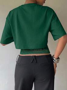 Siren Gaze 2合1設計女款蕾絲拼接短袖T恤，Y2K風格夏季休閒上衣 - 綠色 - 查看 2