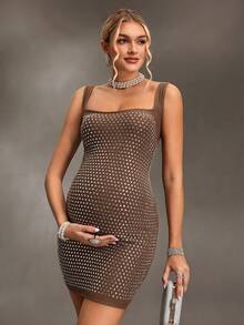 Cheriluna Maternity Vestido ajustado con espalda descubierta y decoración de diamante de imitación para sesión de fotos de maternidad - Caqui - Ver 5