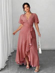 SHEIN Unity Vestido envolvente de lunares talla grande con cintura anudada, volantes en el bajo y abertura lateral - Rosa vieja - Ver 6
