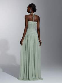 Elitara Elegant Green Elastic Mesh Fabric Beaded Chain Decor Bodice Voluminous Skirt Formal Party Dress Wedding Guest Dress Bachelorette Dress Gala Dress - Green - View 2