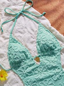 Swim Mod 1件女款一件式泳衣海灘裝，適用於海灘泳池派對，春/夏季，性感度假成熟時尚復古浪漫優雅，掛脖深V領腰部鏤空露背前繫帶設計，收腰提臀大胸適用，黃色花卉針織提花，海灘俱樂部波西米亞風 - 薄荷藍 - 查看 6