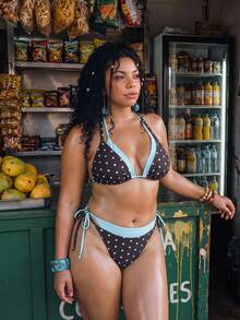 Swim Vcay Women's Plus Size Polka Dot Print Solid Color 2-Piece Halter Neck Backless Tie Triangle Bikini Set Set For Vacation Beach Summer Sexy 1920s - Multicolor - View 5