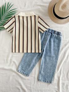 SHEIN Vintaside Kids Toddler Boys' Casual Lapel Short Sleeve Top Paired With Fashionable Washed Denim Pants Set, Suitable For Daily Wear, Family Camping, Dining Or Shopping - Brown - View 2