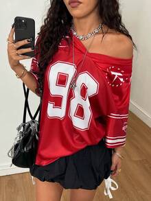SHEIN PETITE CURVE 大尺碼女款復古優雅休閒Y2K街頭風網格數字圖案棒球T恤，紅白條紋，適合夏季度假與戶外穿著，適用於日常通勤、派對、婚禮、海灘、畢業典禮、聖誕節、新年、感恩節、時尚出遊、預約、通勤、亮面、情人節、度假及其他場合。運動 - 紅色 - 查看 4