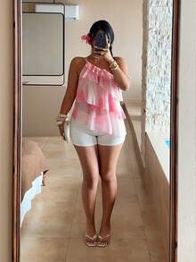 Sunnyshic Atasan Camisole Ukuran Besar dengan Trim Ruffle Asimetris dan Pinggang yang Dikencangkan, Musim Panas - Berwarna merah muda - View 6