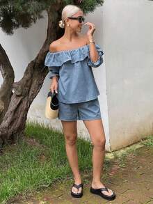 DAZY Conjunto de 2 Peças Top Ombro a Ombro com Babados e Shorts Casual de Férias para Mulheres Verão - Azul - Visão 4