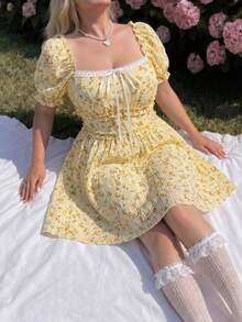 Lyrianda Plus Size Ditsy Floral Square Neck Puff Sleeve Cinched Waist A-Line Dress - Multicolor - View 7