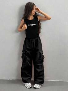 SHEIN Tween 女童休闲纯色工装裤 - 黑色 - 查看 6