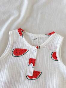 SHEIN 男嬰夏季白色與綠色活力俏皮鱷魚印花無袖背心與短褲套裝，寬鬆舒適版型，適合日常外出、學校活動、家庭聚會、戶外玩耍及拍照 - 白色 - 查看 5