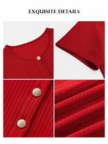 ELLERISSA Vestido midi de punto waffle con botones y mangas cortas, talla grande, color rojo - Rojo - Ver 7