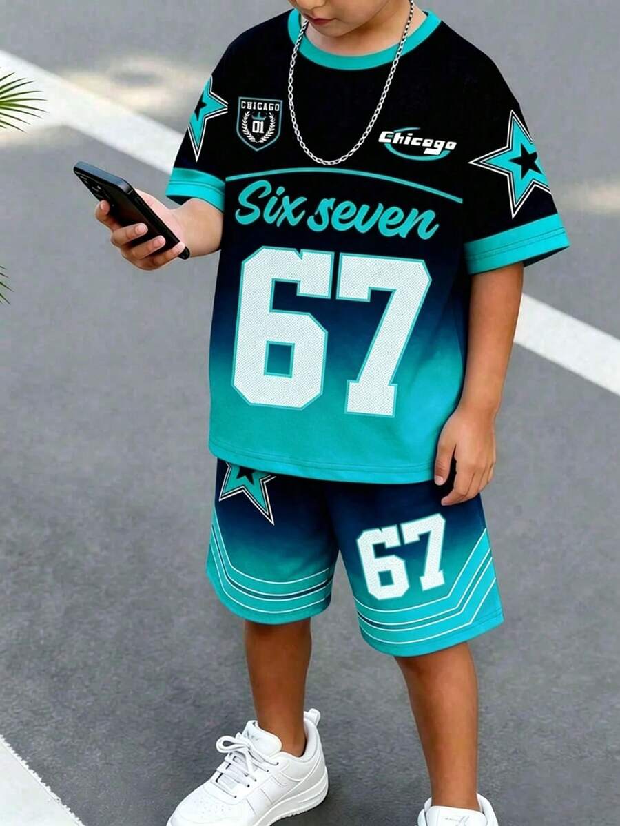 SHEIN Explorewe 小男孩圓領對比飾邊字母數字印花短袖T恤與短褲休閒日常套裝 - 彩色 - 查看 1
