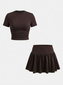 SHEIN Tween Girl Summer Cute Casual Gray Skirt Set: Short Sleeve Crop Top And Pleated Mini Skirt,Summer - Brown - View 6