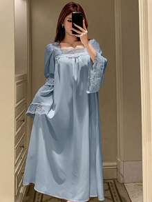 DAZY 浪漫蕾絲拼接公主風甜美女款睡袍睡衣 - 藍色 - 查看 3