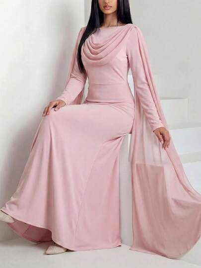 Veilorie Women's Elegant Solid Color Arabic Style Dress