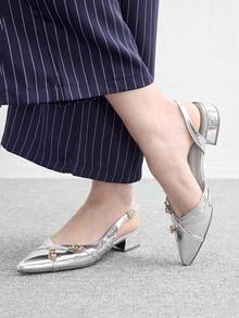 CUCCOO BIZCHIC 優雅銀色金屬尖頭扣帶厚底平底鞋，適合女性，舒適低跟款式，適用於辦公室、婚禮、派對以及春夏季鞋款 - 銀色. - 查看 4