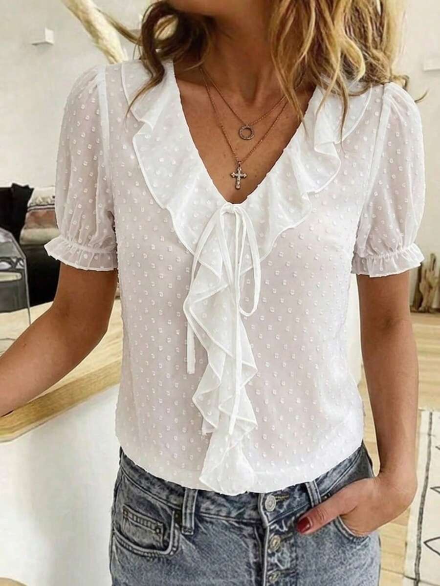 SHEIN Clasi 女款休閒泡泡袖對比飾邊荷葉邊領優雅襯衫,適合夏季 - 白色 - 查看 1