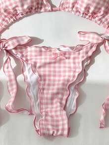 Swim Mod Bộ bikini nữ 2 món hot bán chạy 2026, phong cách retro lãng mạn thanh lịch trưởng thành quyến rũ, buộc eo nhún bên nâng ngực, họa tiết kẻ sọc đỏ trắng ngẫu nhiên, phong cách Bohemian đi biển và câu lạc bộ, xuân/hè - Hồng - Xem 4