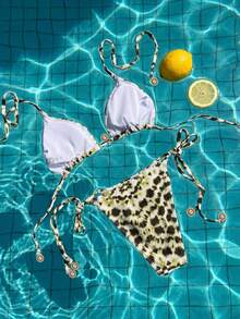 Swim Vcay Frühling/Sommer 2-teiliges Damen Strandbekleidungsset, modisches süßes sexy Urlaubs-Seaside-Schwimmbad-Party-Set mit zufälligem mehrfarbigem Leopardenmuster, Sonnenaccessoire, Neckholder-Top mit offenem Rücken und Bindung, Dreiecks-Top und Bikini-Unterteil mit seitlicher Bindung - Verschiedenfarbig - Übersicht 2