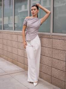 Andrea Bello New Minimalist Fashion Versatile Gray Asymmetrical Neck Pleated Decor Cinched Waist Pullover Fitted Short Sleeve Blouse Summer - Light Grey - View 1