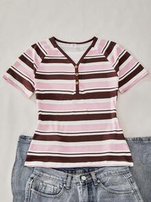 SHEIN Teen Girl Striped Patchwork Casual Versatile Daily Outing Short Sleeve T-Shirt - Pink - View 5