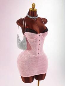 Amplova Lace Patchwork Sleeveless Spaghetti Strap Backless Bodycon Bandage Mini Dress For Women - Pink - View 6