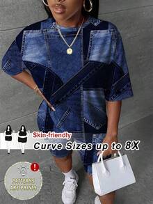 SHEIN CURVE+ Casual minimalistiskt set i 2 delar med heltryck, plus size - Multifärgad - Visa 1