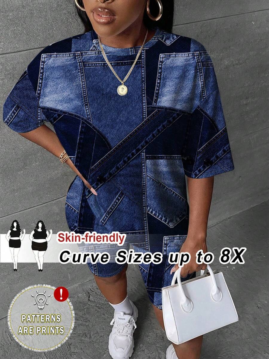 SHEIN CURVE+ Casual minimalistiskt set i 2 delar med heltryck, plus size - Multifärgad - Visa 1