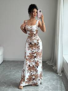 SHEIN Raffinéa 女款亮白色花卉夏季新款洋裝，方領細肩帶迷人露背開衩修身高腰洋裝，適合派對約會度假婚禮 - 白色 - 查看 6
